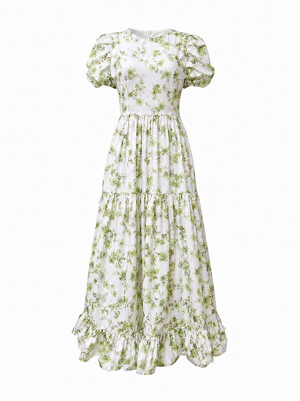 【新品DRESS 4816】花柄パフスリーブミモレ丈フレアロングドレス ホワイトグリーン【DREAM】